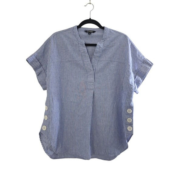 Original Nicole Miller Linen Blend Blouse Wm Sz L Short Sleeve Blue/White Stripe - Picture 1 of 4